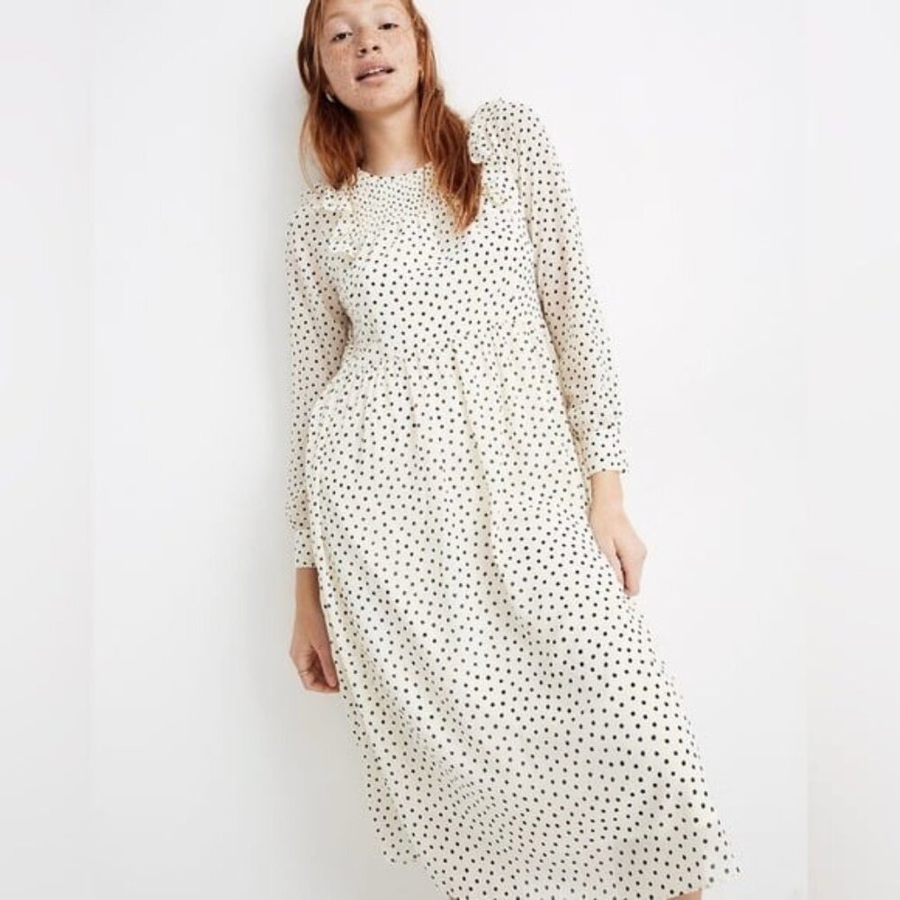 Madewell Smocked Ruffle-Shoulder Crinkled Georgette Midi Dress in Inkbrush Dots - Picture 1 of 12